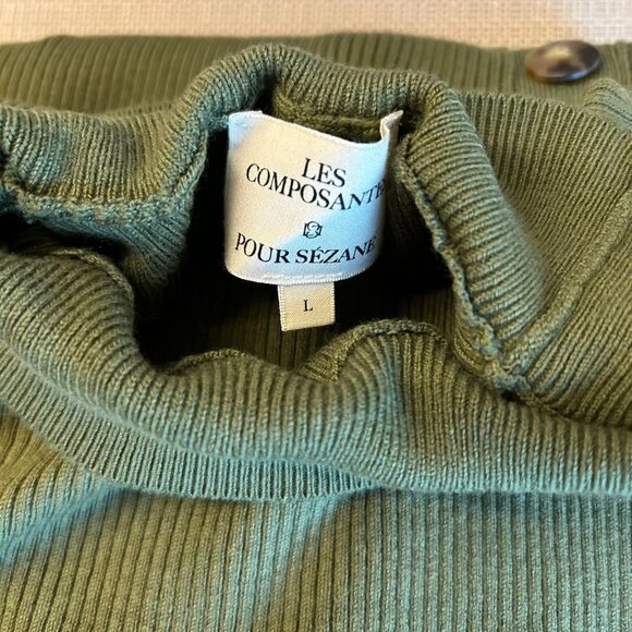 BEST Sezane Harper Midi Knit Dress Large Moss Green Ribbed French High Neckline - Picture 4 of 7